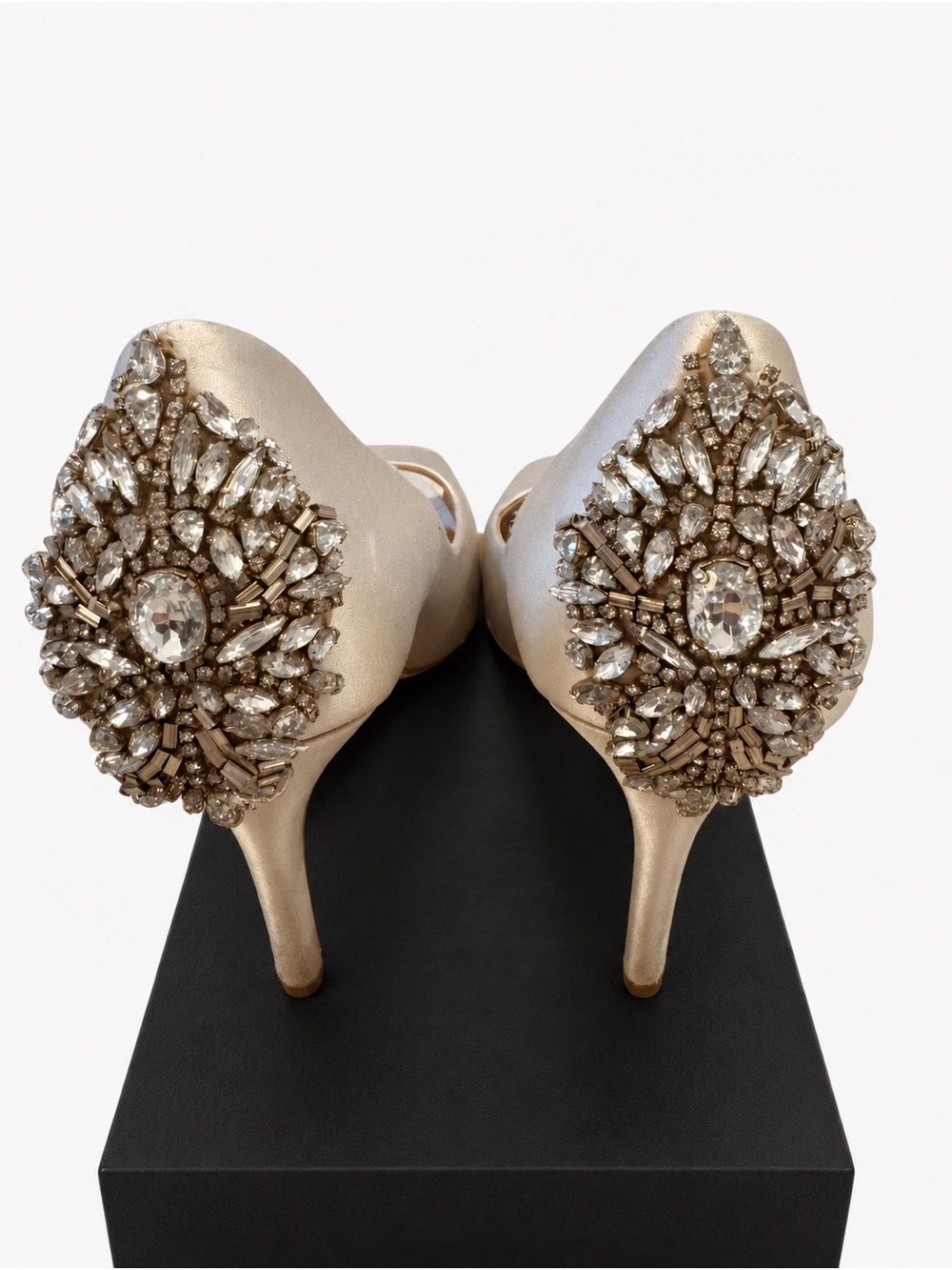 Badgley Mischka Ivory Satin Peep-Toe Heels with Crystal Accent